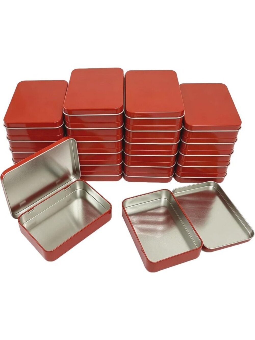 24 Rectangular Metal Hinged Tins - 24 Pack, Empty Storage Containers, Red